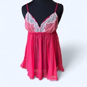 Victoria's Secret Hot pink sheer mesh with white lace bust babydoll